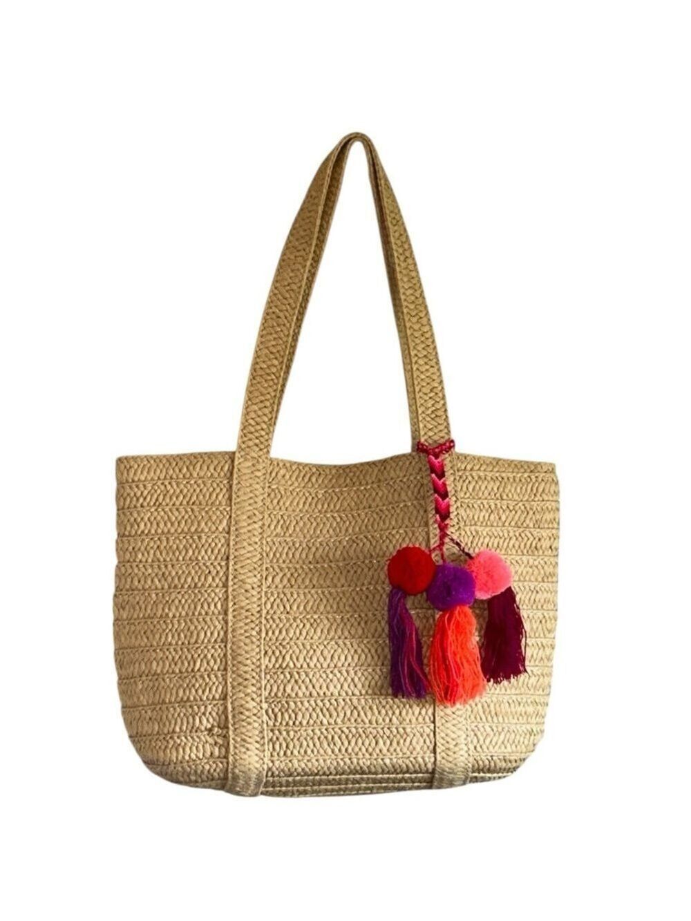 Draper James Tan Woven Straw Summer Tote with Colorful Tassel Accent